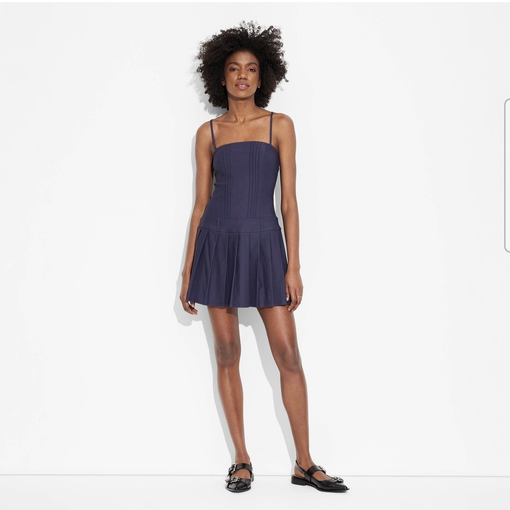 Blue Drop Waist Mini Dress w/ Pleats, Adjustable Spaghetti Straps, & Zipper XXS